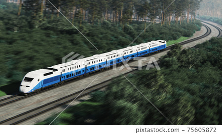 Passenger train passing along the forest. 3d illustration Passenger train passing along the forest. 3d illustration 75605872