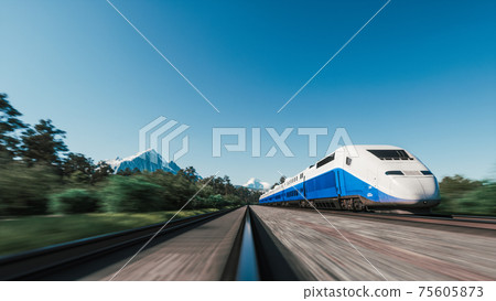High speed passenger train. Passenger train driving on railroad in forest. 3d illustration 75605873