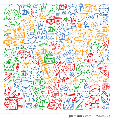 School, kindergarten with cute vector children. Creativity and imagination. Dancing, singing, painting, online education. 75606273