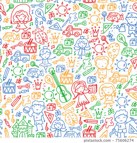 School, kindergarten with cute vector children. Creativity and imagination. Dancing, singing, painting, online education. 75606274