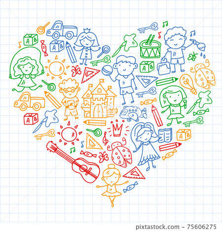 School, kindergarten with cute vector children. Creativity and imagination. Dancing, singing, painting, online education. 75606275