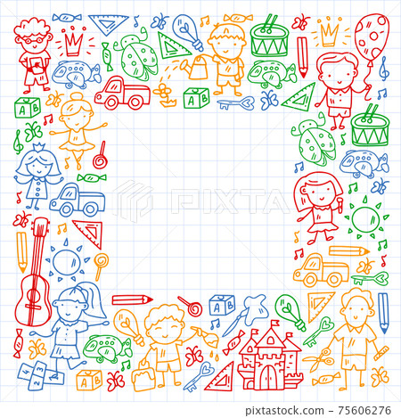 School, kindergarten with cute vector children. Creativity and imagination. Dancing, singing, painting, online education. 75606276