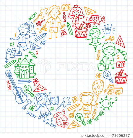 School, kindergarten with cute vector children. Creativity and imagination. Dancing, singing, painting, online education. School, kindergarten with cute vector children. Creativity and imagination. Dancing, singing, painting, online education. 75606277