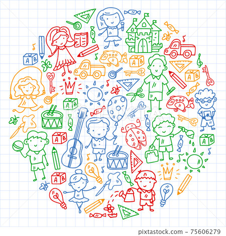 School, kindergarten with cute vector children. Creativity and imagination. Dancing, singing, painting, online education. 75606279