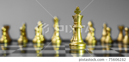 Gold Chess figure team (King, Queen, Bishop, Knight, Rook and Pawn) on Chessboard against opponent during battle. Strategy, Success, management, business planning, think, education and leader concept 75606282