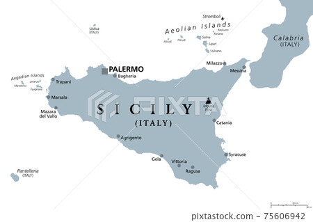 Sicily, autonomous region of Italy, gray political map, with capital Palermo, Aeolian and Aegadian Islands, volcano Etna and important cities. Largest island in Mediterranean Sea. Illustration. Vector 75606942