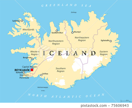 Regions of Iceland, political map, with capital... - Stock Illustration ...