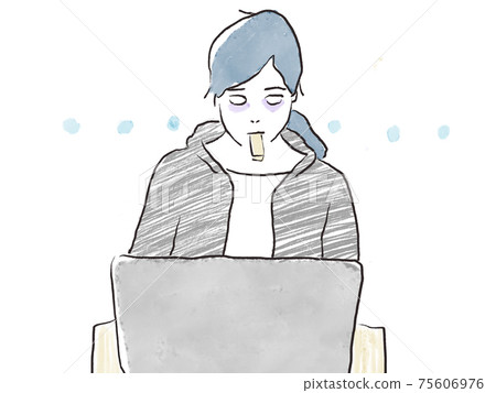 Woman who lacks sleep due to work at home using a PC-Watercolor and colored pencil hand-drawn illustration Woman who lacks sleep due to work at home using a PC-Watercolor and colored pencil hand-drawn illustration 75606976