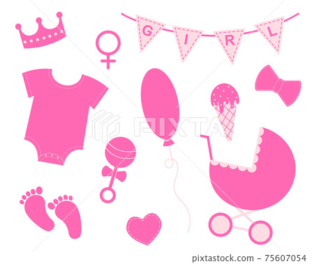 Baby girl shower set. Elements for greeting cards and invitations. Pink bunting with text Girl, crown, bodysuit, bib, footprint, pram, rattle, bow, balloon, ice cream, heart. Vector flat illustration 75607054