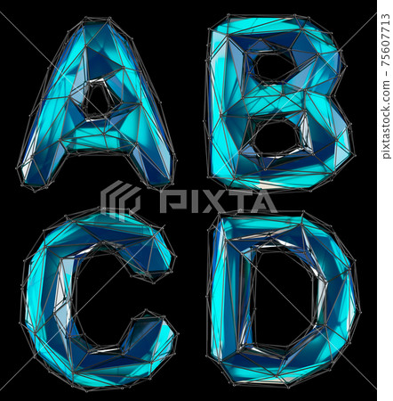 Realistic 3D set of letters A, B, C, D made of low poly style. Collection symbols of low poly style blue color glass isolated on black background 3d 75607713
