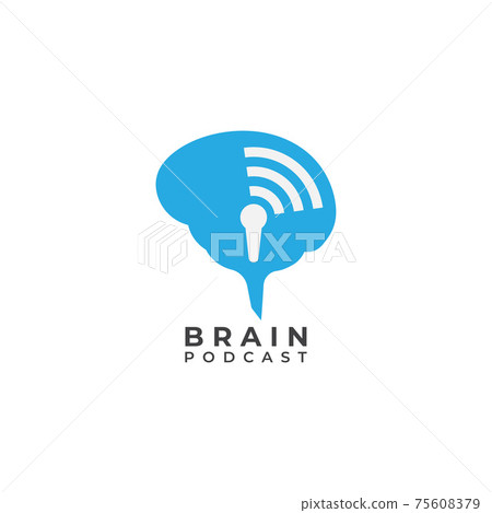 Brain podcast logo design template. Blue brain with microphone icon and signal wave illustration logo concept. Isolated on white background 75608379
