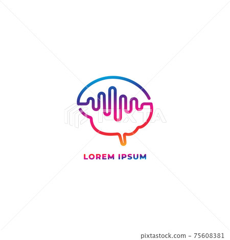 Mind wave outline logo design template. Colorful brain with pulse signal wave logo concept. Blue Magenta violet purple gradation color. Isolated on white background 75608381