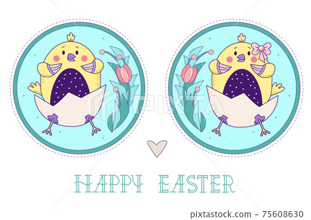 A pair of cute yellow birds. Easter chicks girl and boy in an egg with a bouquet of flowers in a round decorative medallion. Vector illustration. colorful happy easter greeting card 75608630