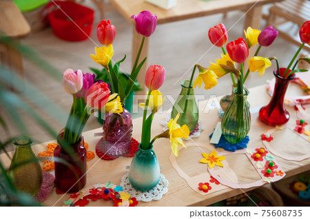 Concept of spring holiday, womens day or mothers day in montessori school Concept of spring holiday, womens day or mothers day in montessori school 75608735