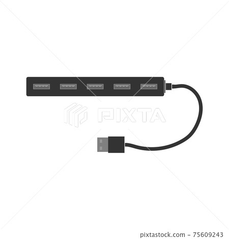 A simple rectangular USB hub with one row of USB connectors. A splitter for a computer or laptop. Flat vector illustration 75609243