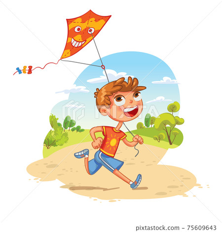 Boy plays with a kite in the park. Funny cartoon character Boy plays with a kite in the park. Funny cartoon character 75609643