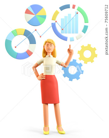 3D illustration of standing beautiful blonde woman pointing finger at business icons, charts, diagrams and infographics. 75609712