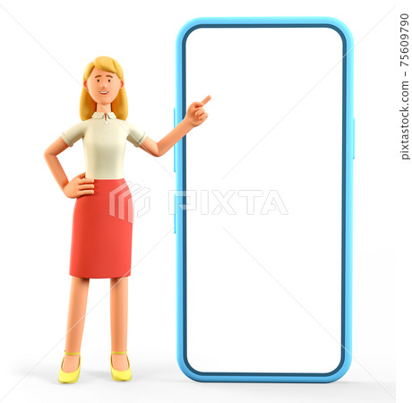 3D illustration of standing beautiful blonde woman pointing finger at blank screen of huge phone. 3D illustration of standing beautiful blonde woman pointing finger at blank screen of huge phone. 75609790
