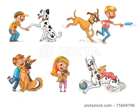 Child hugging his pet 75609796