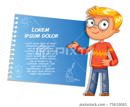 Schoolboy pointing at a poster Schoolboy pointing at a poster 75610083