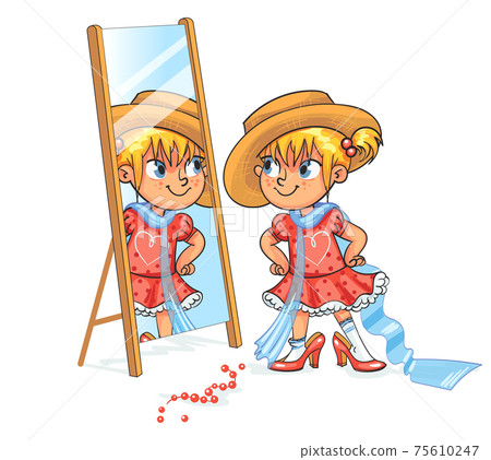 Little girl having fun trying her mother's shoes and hat. Kid in adult clothing Little girl having fun trying her mother's shoes and hat. Kid in adult clothing 75610247