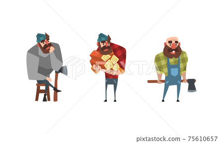 Bearded Lumberjack in Action Set, Powerful Woodcutter Character in Plaid Shirt Cartoon Vector Illustration 75610657