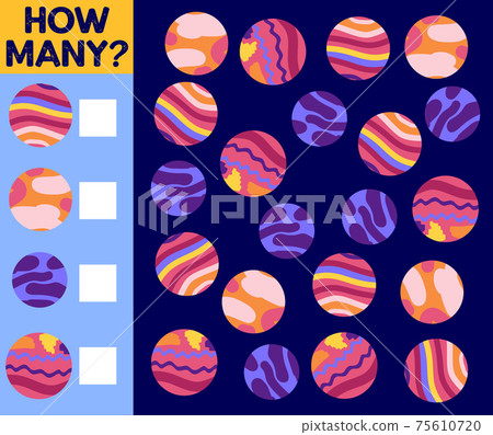 Counting Game for Preschool Children. Educational a mathematical game. Count how many space objects and write the result Counting Game for Preschool Children. Educational a mathematical game. Count how many space objects and write the result 75610720