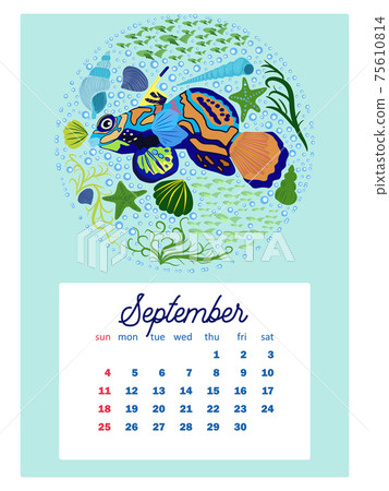 Marine life. Wall calendar design template for 2022, A4 format. Week starts on Sunday. Whale, mermaid, snail, shark, crab, stingray, seahorse, dolphin, octopus, turtle, jellyfish, clown fish etc. 75610814