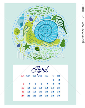 Marine life. Wall calendar design template for 2022, A4 format. Week starts on Sunday. Whale, mermaid, snail, shark, crab, stingray, seahorse, dolphin, octopus, turtle, jellyfish, clown fish etc. Marine life. Wall calendar design template for 2022, A4 format. Week starts on Sunday. Whale, mermaid, snail, shark, crab, stingray, seahorse, dolphin, octopus, turtle, jellyfish, clown fish etc. 75610815