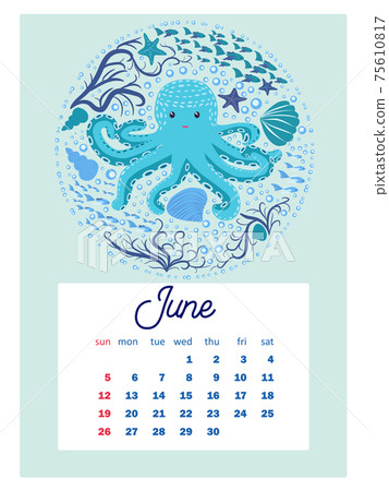 Marine life. Wall calendar design template for 2022, A4 format. Week starts on Sunday. Whale, mermaid, snail, shark, crab, stingray, seahorse, dolphin, octopus, turtle, jellyfish, clown fish etc. Marine life. Wall calendar design template for 2022, A4 format. Week starts on Sunday. Whale, mermaid, snail, shark, crab, stingray, seahorse, dolphin, octopus, turtle, jellyfish, clown fish etc. 75610817
