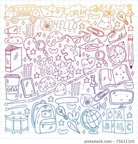Vector illustration. Back to school vector pattern. Textile fabric design, wrapping paper and website wallpapers. 75611105