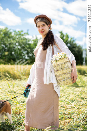 White young woman on wheat field 75611222