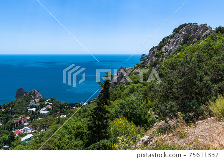 View of the Simeiz village from Koshka Mount in Crimea 75611332