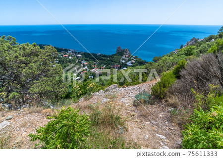 View of the Simeiz village from Koshka Mount in Crimea 75611333