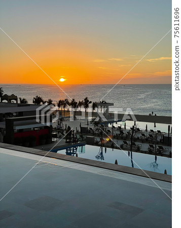 Patio view from the second floor at the sunset. Patio view from the second floor at the sunset. 75611696