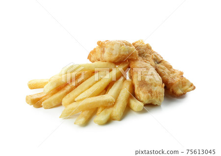 Fried fish and chips isolated on white background 75613045