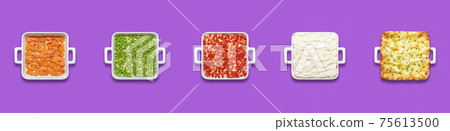 Vegetarian lasagna making of collage top view on a purple background. Vegetarian lasagna making of collage top view on a purple background. 75613500