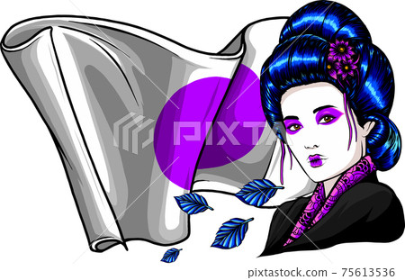 Beautiful Geisha with leaves and japan flag Beautiful Geisha with leaves and japan flag 75613536
