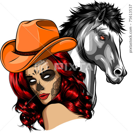 girl dressed as a cowboy with horse girl dressed as a cowboy with horse 75613537