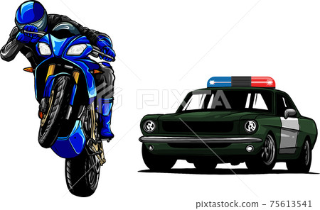 Police car is chasing a criminal on a motorcycle. 75613541