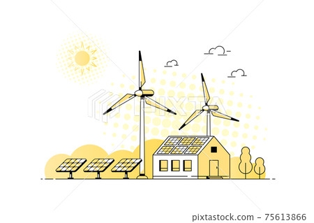 Modern House with Solar Panels and wind Turbines. 75613866