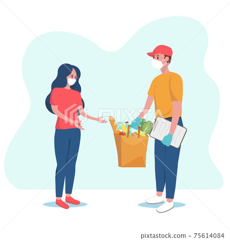 Safe delivery concept. Courier in protective mask and gloves deliver food to people in quarantine. Girl in mask receives the parcel with food. Vector illustration. Coronavirus, quarantine delivery. Safe delivery concept. Courier in protective mask and gloves deliver food to people in quarantine. Girl in mask receives the parcel with food. Vector illustration. Coronavirus, quarantine delivery. 75614084
