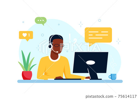 Man with laptop and headphones with microphone 75614117