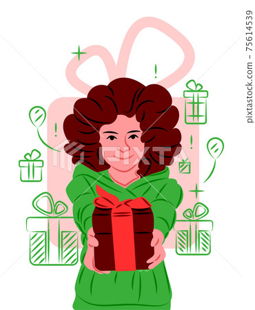 Vector girl with a gift in shadow of sharp lines style Vector girl with a gift in shadow of sharp lines style 75614539