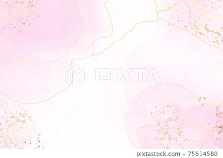 Abstract pink liquid watercolor background with golden crackers. Pastel marble alcohol ink drawing effect. Vector illustration design template for wedding invitation 75614580