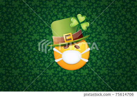 Vector Emoji sticker with mouth medical protection mask and saint Patricks green hat isolated on green horizontal background. Yellow st. Patricks smile face character with hat and white surgeon mask. 75614706