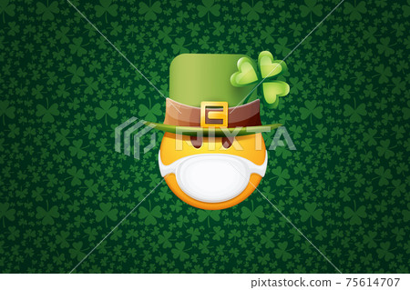 Vector Emoji sticker with mouth medical protection mask and saint Patricks green hat isolated on green horizontal background. Yellow st. Patricks smile face character with hat and white surgeon mask. 75614707
