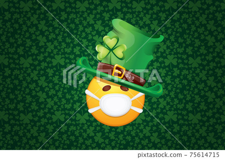 Vector Emoji sticker with mouth medical protection mask and saint Patricks green hat isolated on green horizontal background. Yellow st. Patricks smile face character with hat and white surgeon mask. Vector Emoji sticker with mouth medical protection mask and saint Patricks green hat isolated on green horizontal background. Yellow st. Patricks smile face character with hat and white surgeon mask. 75614715