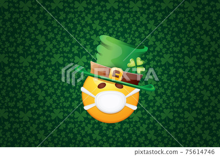 Vector Emoji sticker with mouth medical protection mask and saint Patricks green hat isolated on green horizontal background. Yellow st. Patricks smile face character with hat and white surgeon mask. 75614746