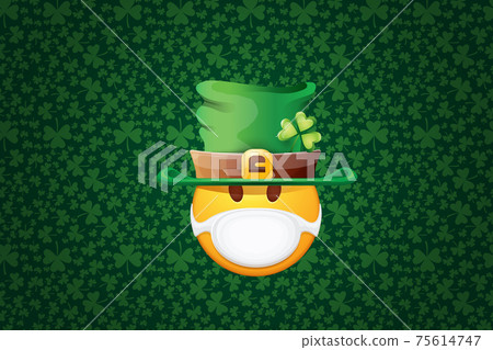 Vector Emoji sticker with mouth medical protection mask and saint Patricks green hat isolated on green horizontal background. Yellow st. Patricks smile face character with hat and white surgeon mask. 75614747